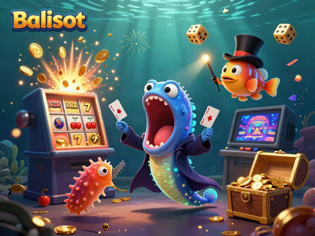 Balislot's vibrant 3D illustration of a bioluminescent eel performing casino magic surrounded by colorful gaming elements.