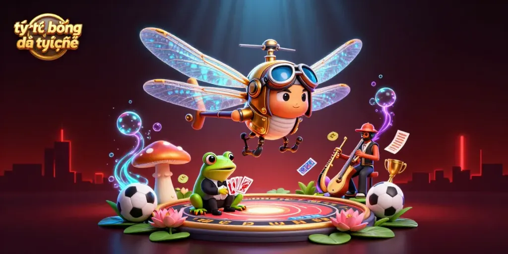 Engage with tỷ lệ bóng đá trực tuyến by betting at a vibrant lily pad casino where a frog croupier deals cards.