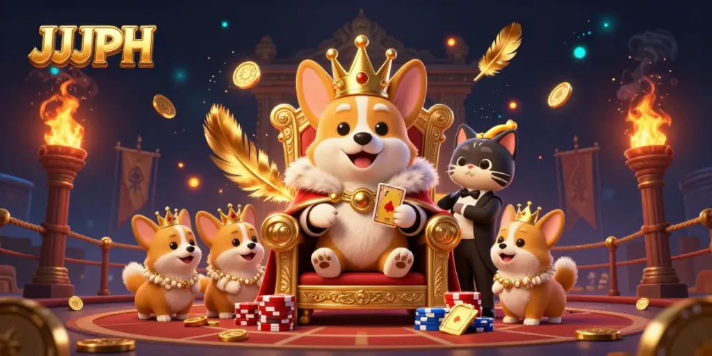 Experience the excitement of JJJPH with corgi royalty amidst a vibrant casino scene.