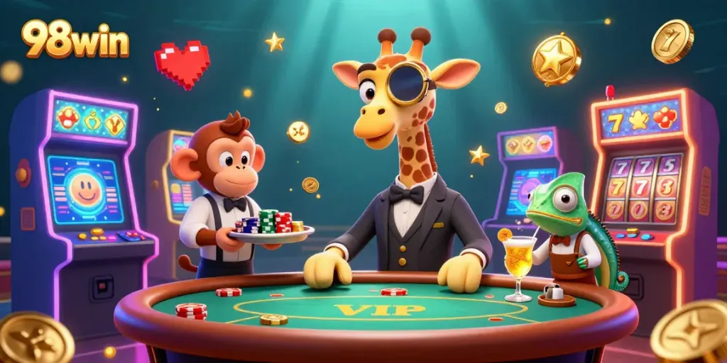 Engage in the vibrant casino experience with 98win, featuring a high-roller giraffe and lively gaming elements.