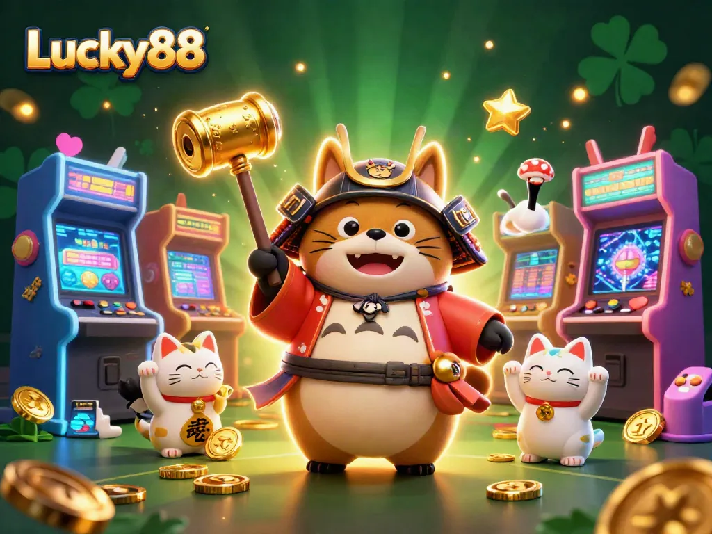 Experience Lucky88 with cheerful tanuki and ninja cat betting on exciting games in a vibrant scene.