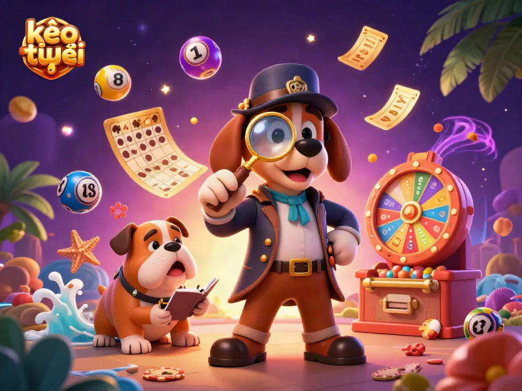 Engage with kèo trực tuyến in this vibrant, action-packed illustration of dog detective exploring poker treasures.