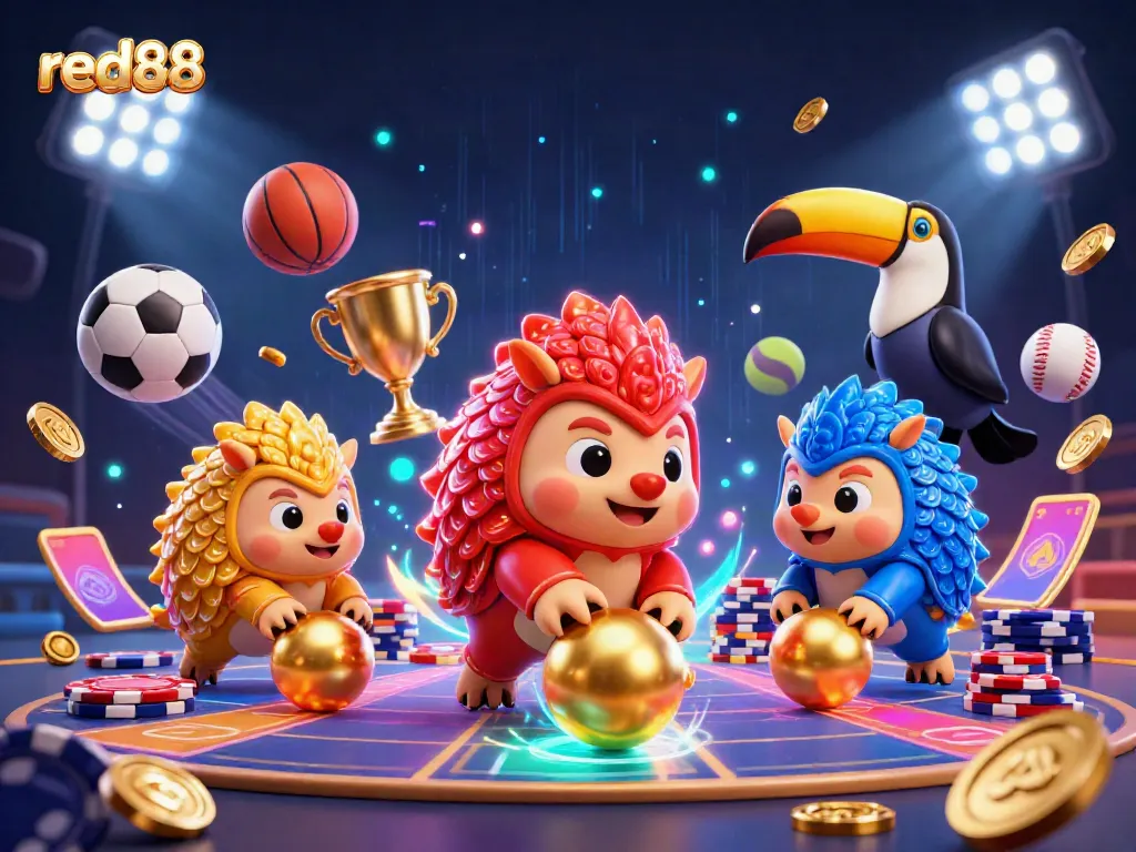 Experience thrilling gaming action with red88 as pangolins roll jackpots amidst poker chips in a vibrant casino scene.