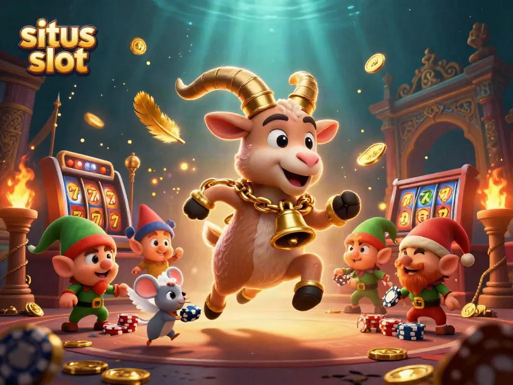 Experience the excitement at a situs slot casino with festive characters amidst gold coins and jackpots.