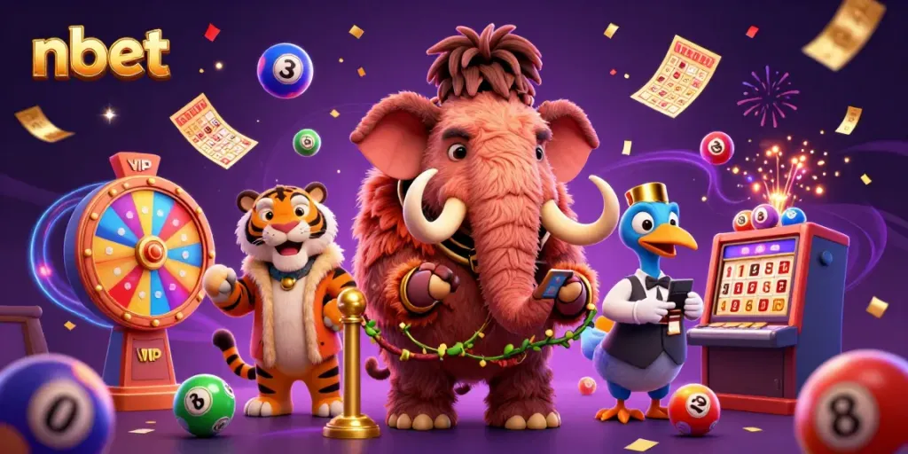 nbet’s vibrant casino scene with a woolly mammoth bouncer and saber-tooth tiger VIP surrounded by lottery elements.