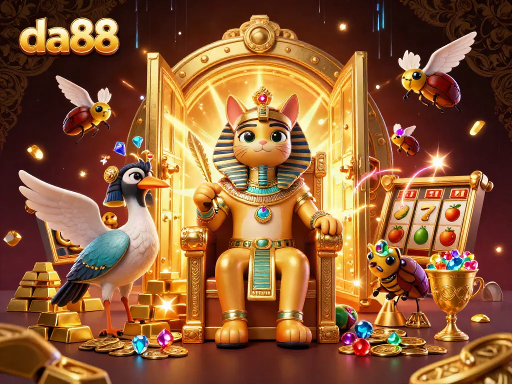 Experience the excitement of da88 with a vibrant scene of an Egyptian pharaoh cat amidst a treasure-filled casino setting.