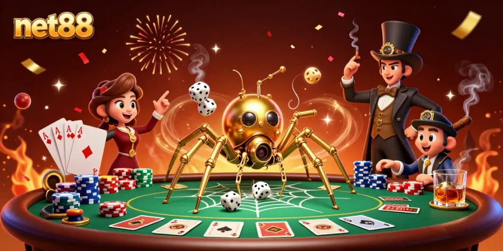 Catch winning dice in the web of net88's immersive casino scene featuring a steampunk spider.