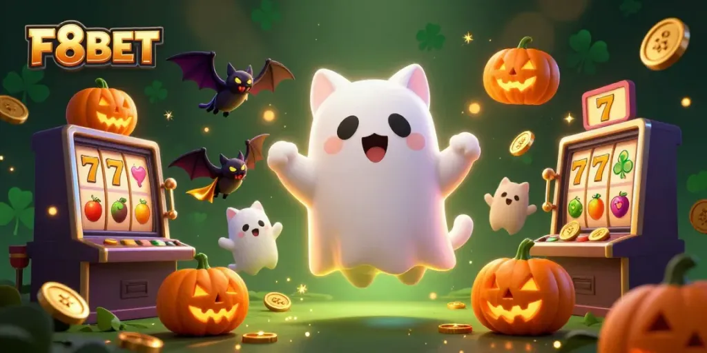 Engage with F8BET in a dynamic haunted casino scene featuring a ghost cat and vampire bat.