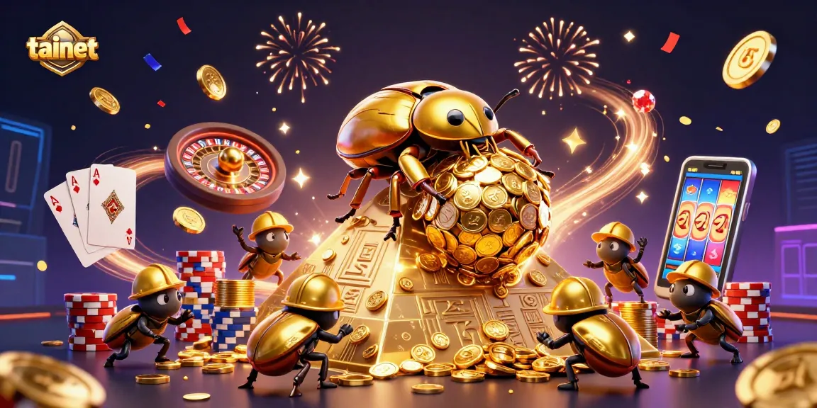 Tainet features a golden dung beetle rolling a massive coin ball amidst a vibrant casino backdrop.