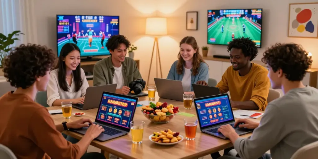 Friends enjoying a lively gaming night with non GamStop casinos on laptops and tablets