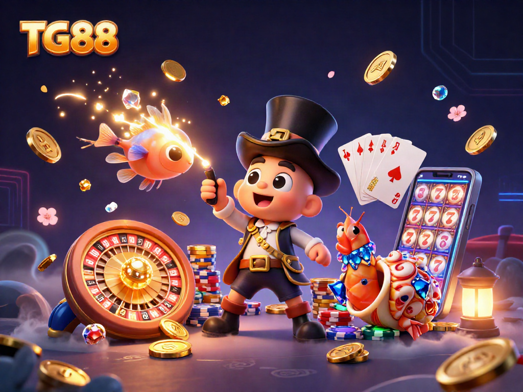 Experience thrilling gaming with TG88, featuring a vibrant 3D casino scene packed with action.