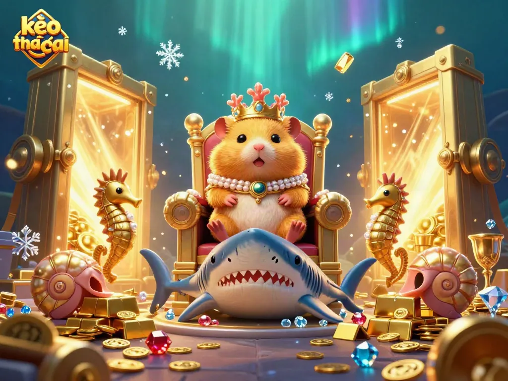 Experience kèo nhà cái through a vibrant underwater scene with royal hamster king and treasure.