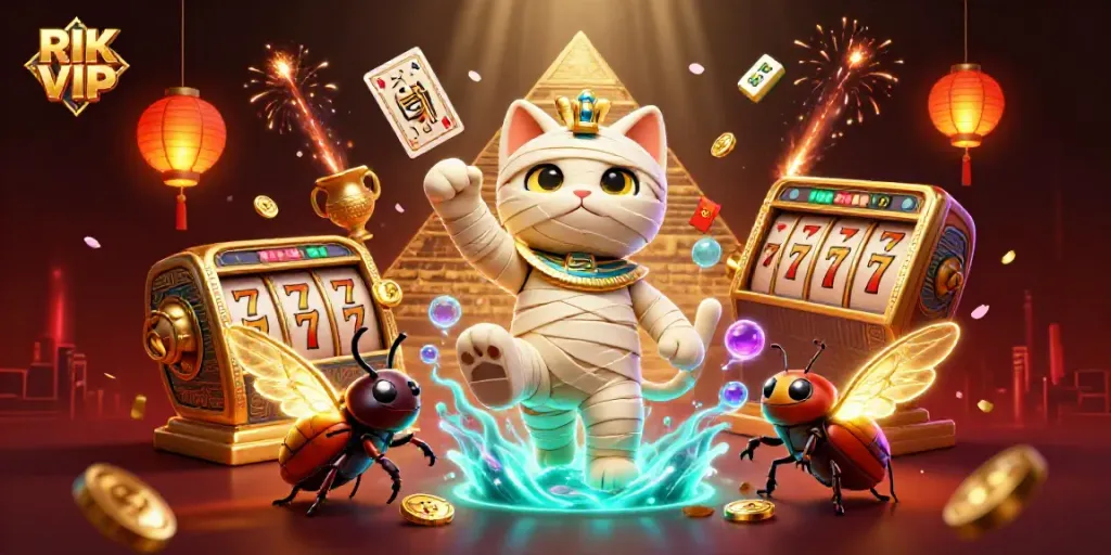 Experience the thrilling world of RIK VIP with a vibrant 3D illustration featuring dynamic casino elements.