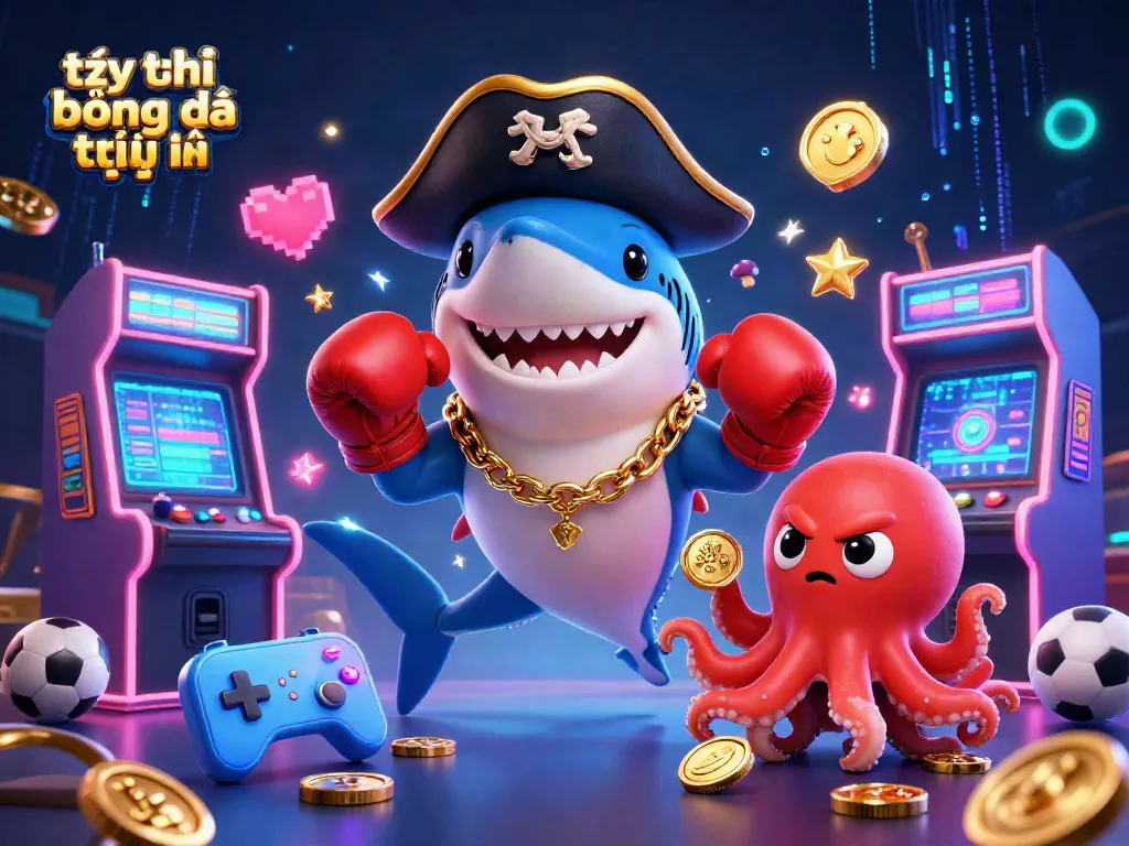 Betting on tỷ lệ bóng đá trực tuyến with a fun pirate shark, pufferfish, and octopus in a vibrant casino scene.