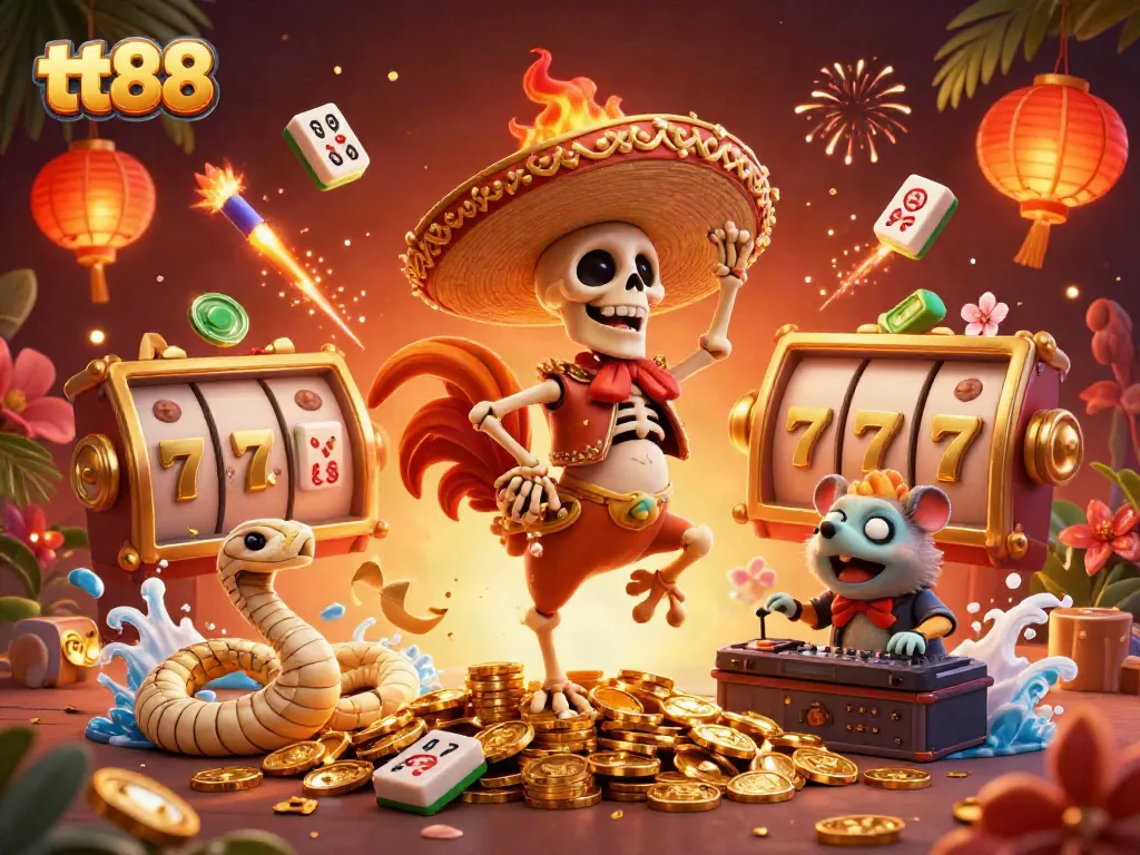tt88 features a victorious mariachi rooster surrounded by slot machine jackpots, celebrating online gaming excitement.