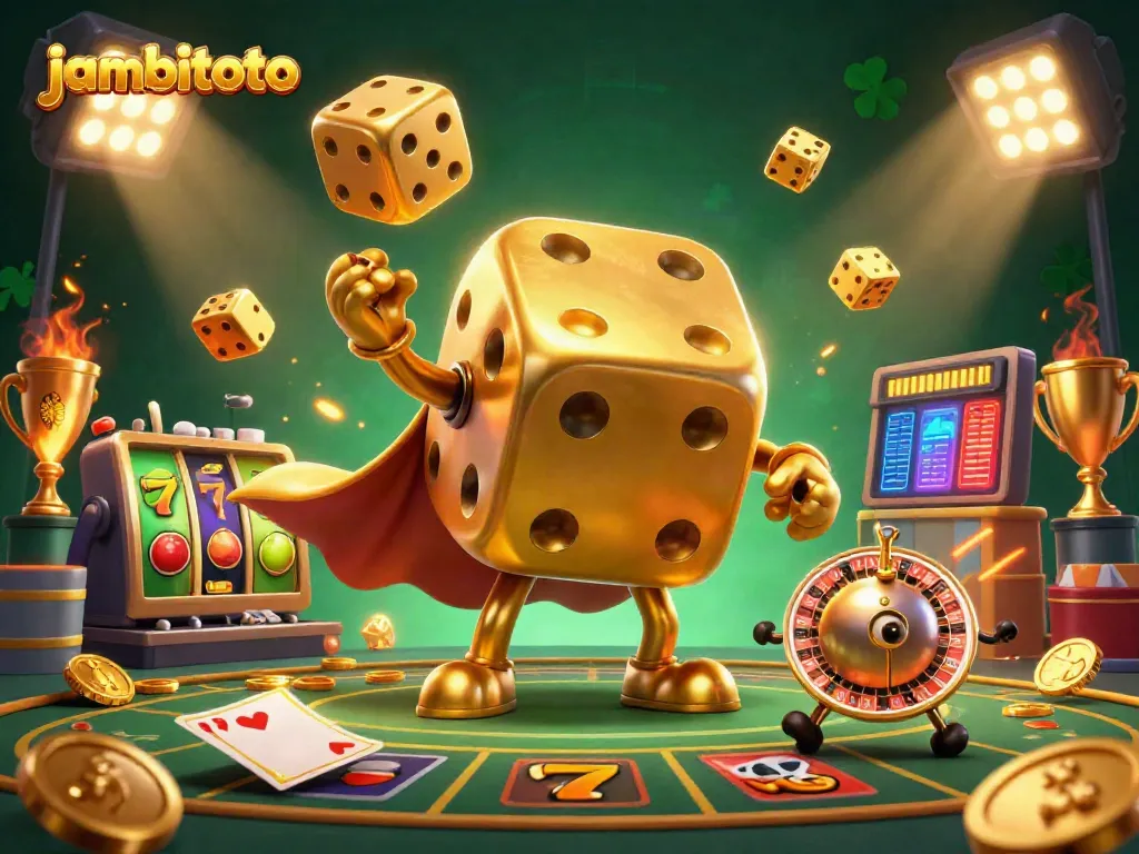 Experience thrilling gameplay action as jambitoto's golden dice golem juggles slot symbols amidst a vibrant casino scene.