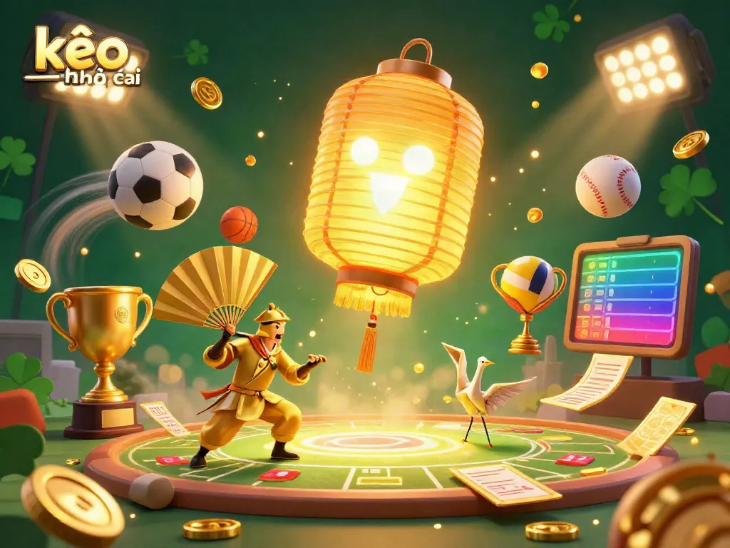 Experience kèo nhà cái in a vibrant sports betting scene full of dynamic elements and lucky symbols.