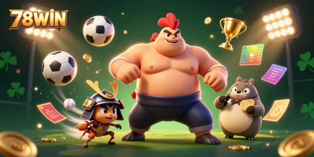 Engage with 78WIN as a powerful sumo wrestler rooster dominates, surrounded by dynamic sports elements.