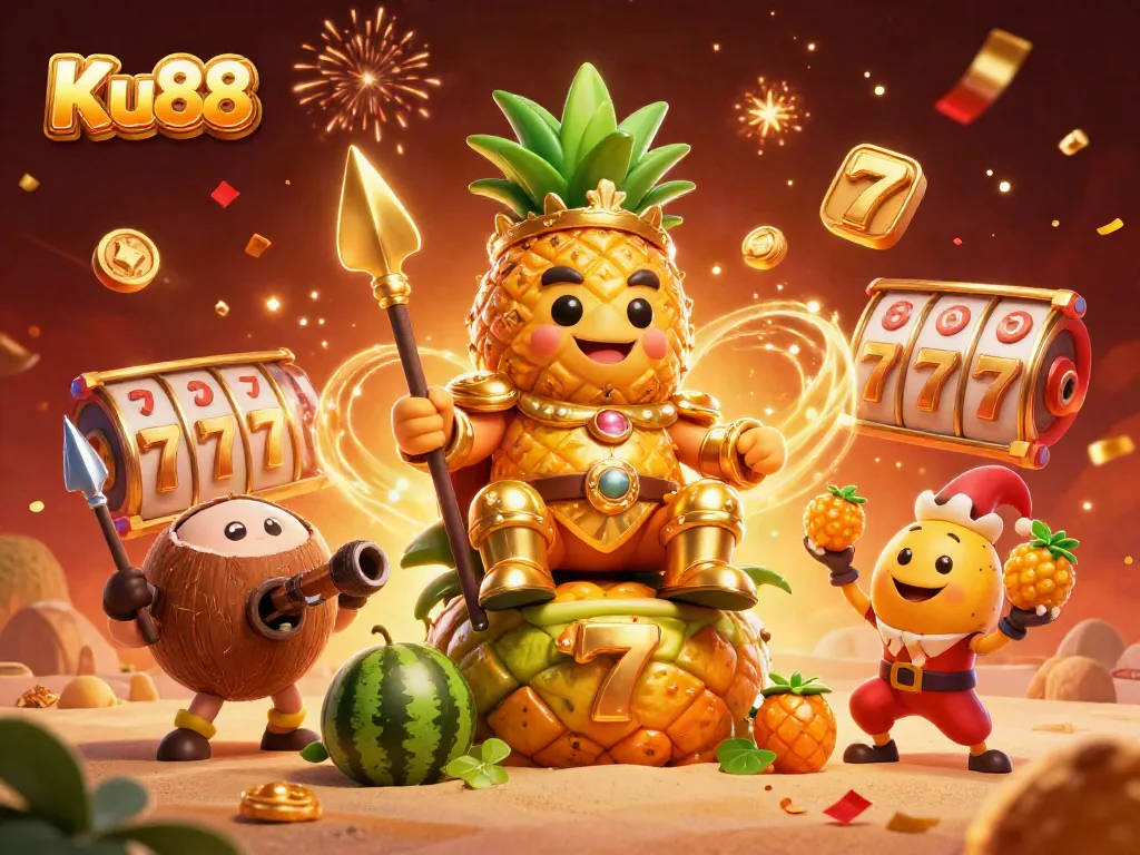 Experience thrilling gameplay and vibrant visuals at Ku88's casino paradise with slot reels and festive characters.