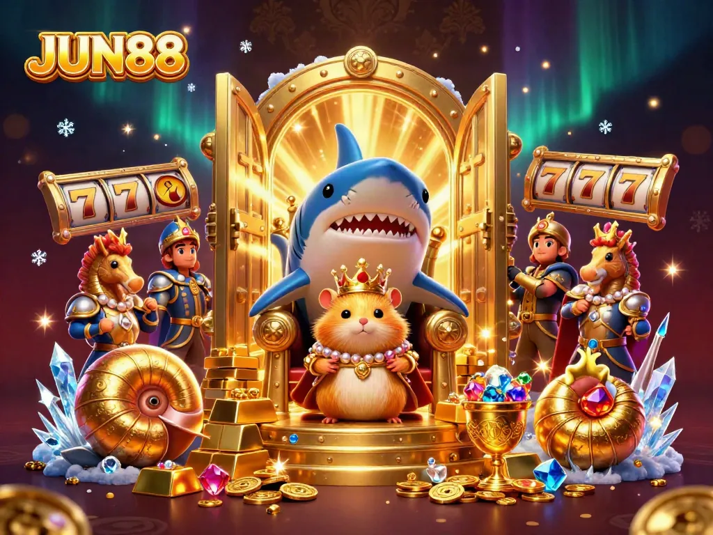 Engage in thrilling gameplay at JUN88, featuring a magnificent throne made of a megalodon shark tooth surrounded by luxurious treasures.