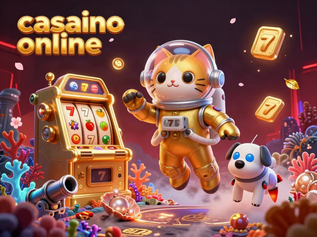 Engage with the vibrant atmosphere of a casino online with a space theme, featuring a cat astronaut, robot dog, and floating slot machines.