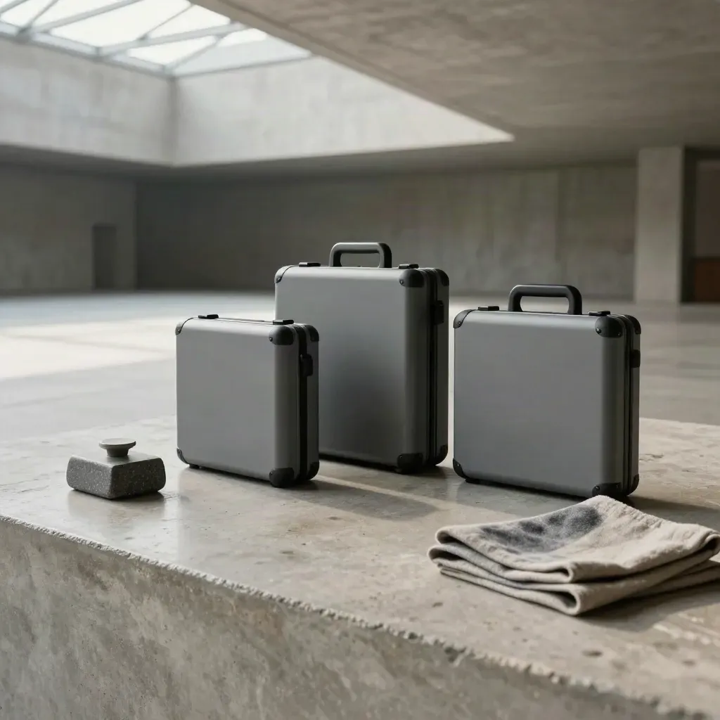Three matte campaign cases with stone and cloth in a hazy concrete atrium, lit from upper left.
