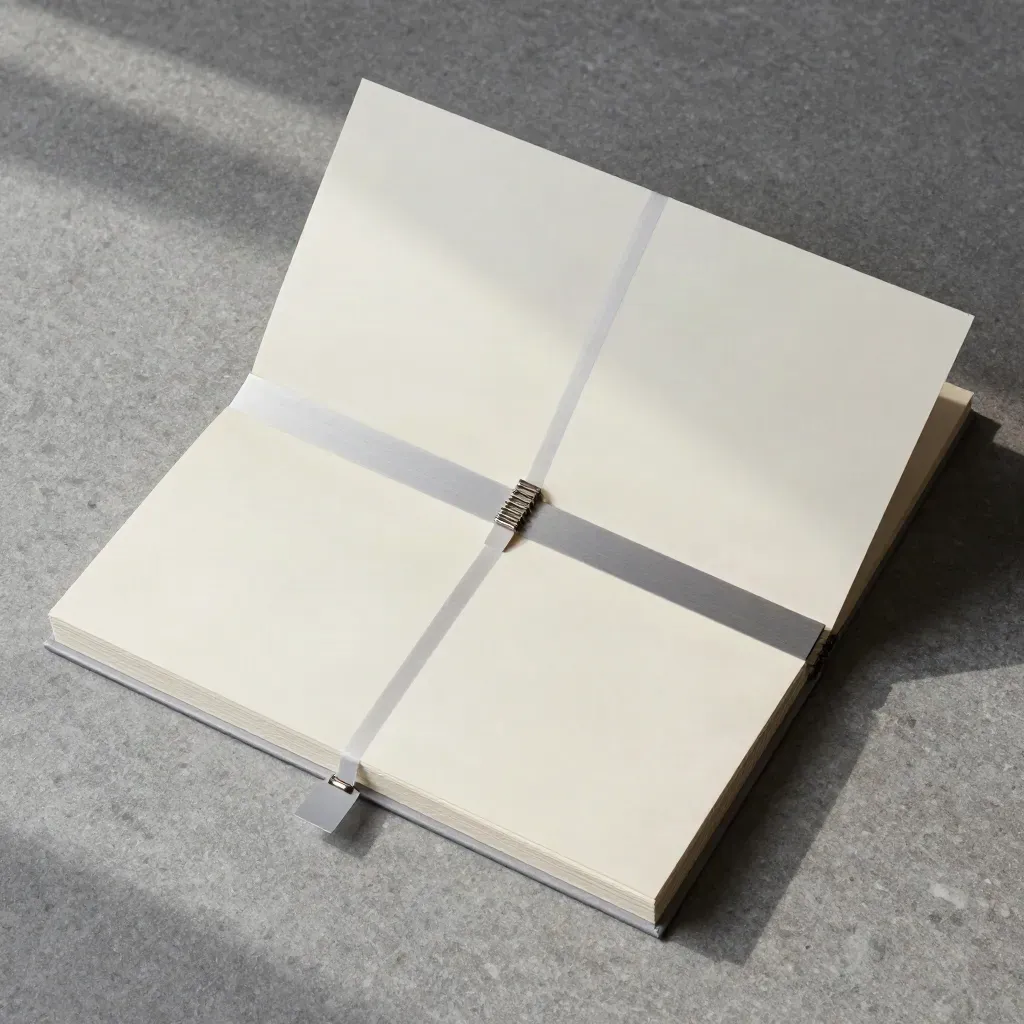 Overhead flatlay of an audit dossier box with blank inserts, bands, and a small clip on stone.