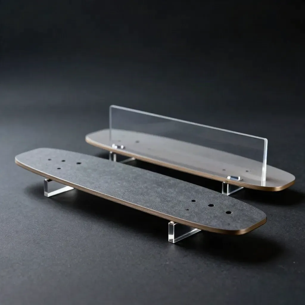 Dark studio close-up of proof boards, comparator sheet and acrylic wedge on matte black.