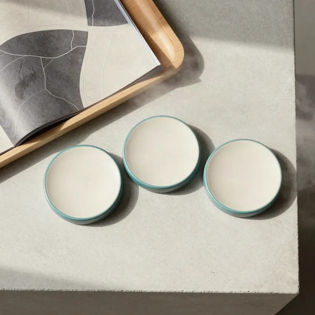 Overhead flatlay of ceramic markers, route panel and pale wood tray on concrete.