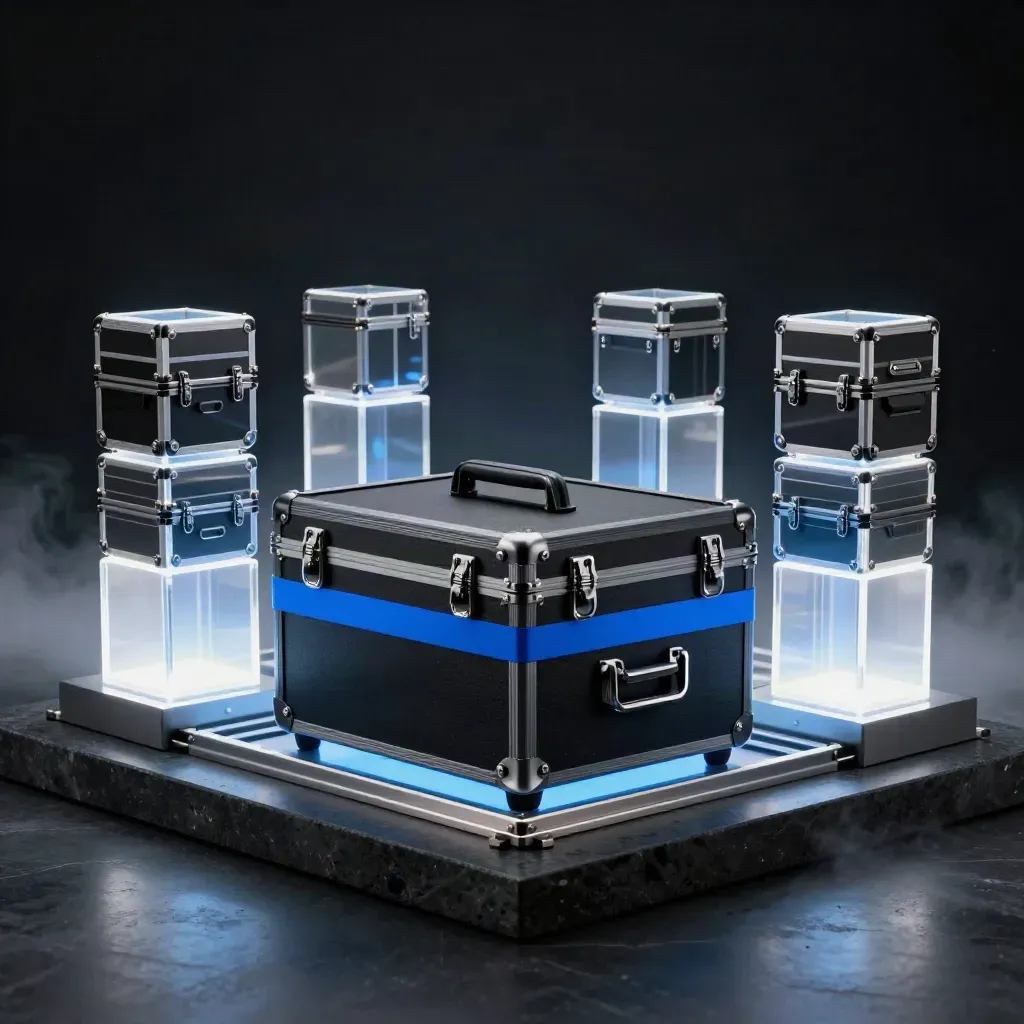 Open campaign crate with blue glow, modular cases and acrylic pillars on a dark studio plinth.