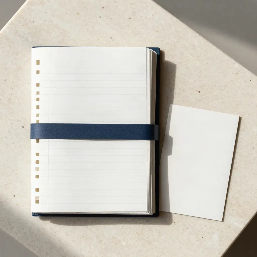 Overhead flatlay of a charcoal audit pack opened on travertine stone with fanned inserts and navy band.