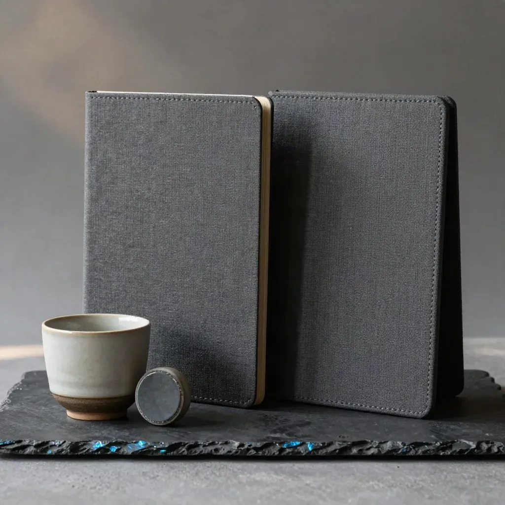 Premium briefing boards, ceramic cup and stone token on graphite with soft haze