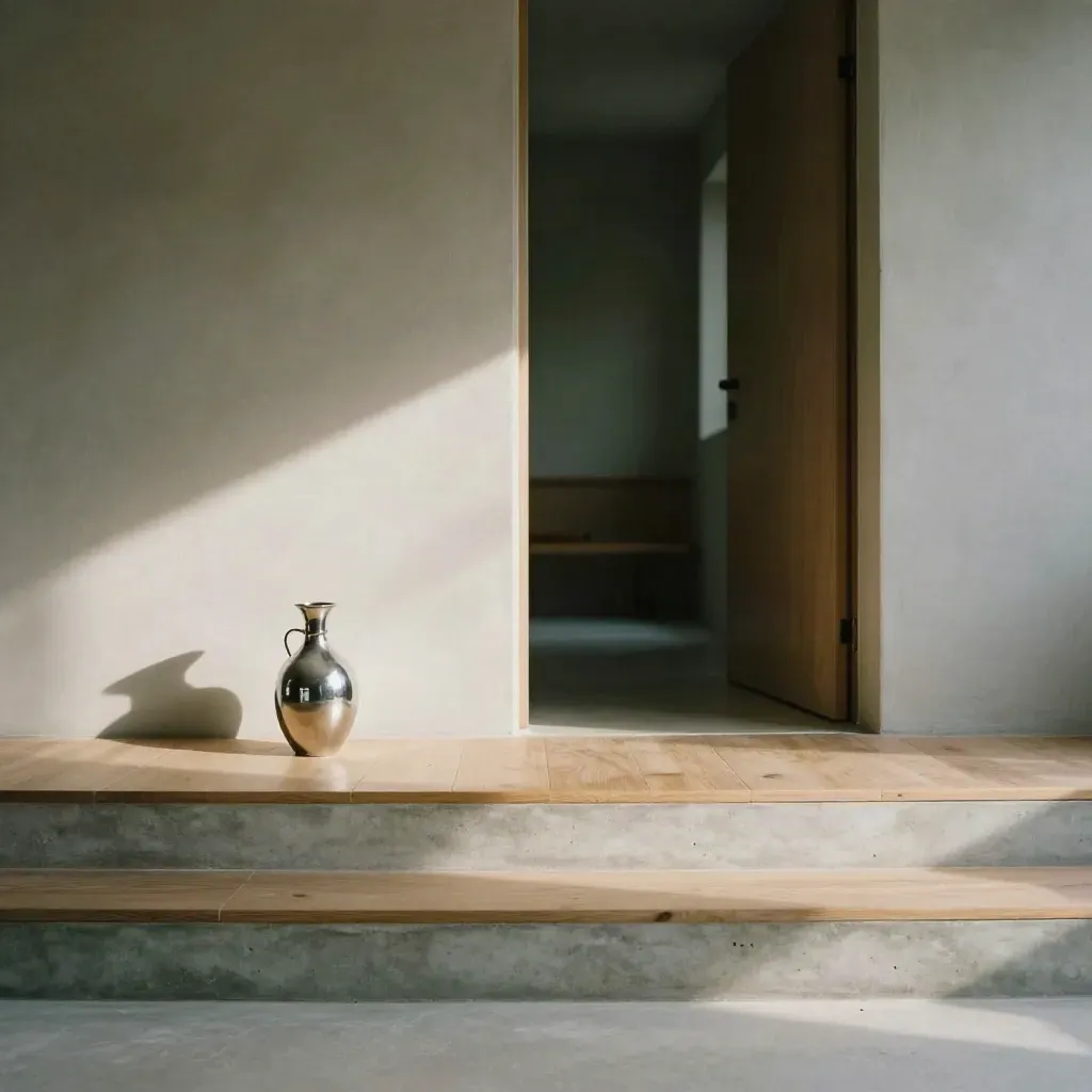 Concrete stair landing with oak slats, chrome vase, and soft light in a warm interior.