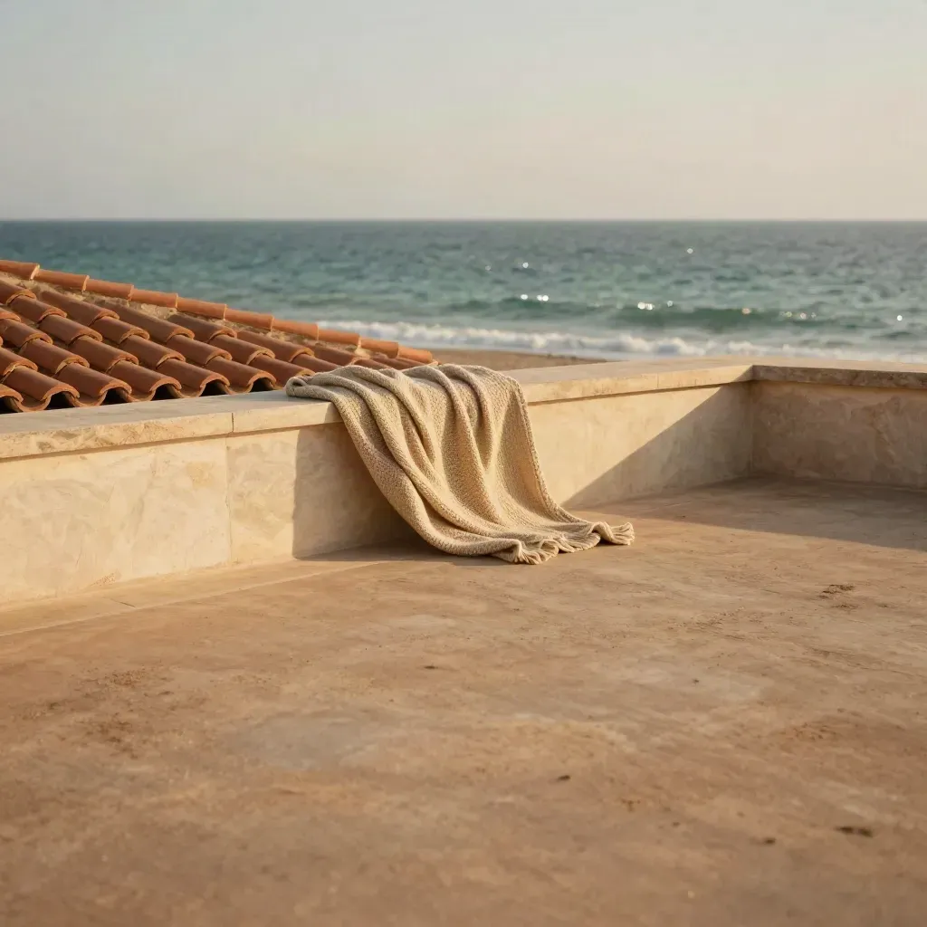 Terracotta rooftop terrace at golden hour above a calm distant sea