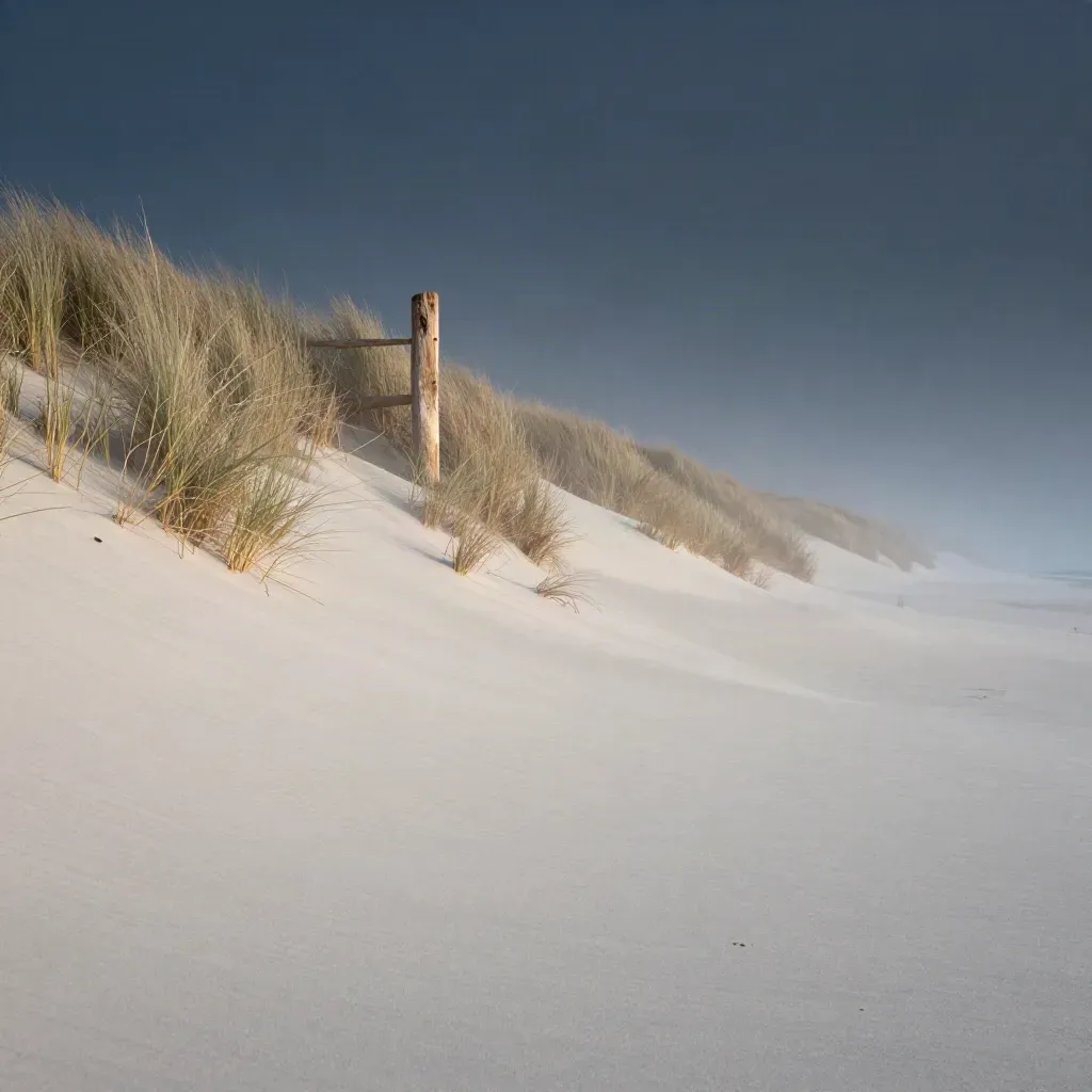 Chalky dune ridge with pale grasses, weathered timber, and mist above a calm sandy foreground.
