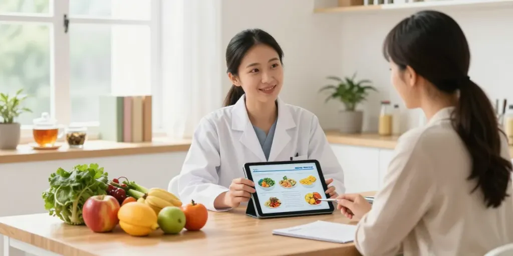 Nutritionist London providing consultation in a wellness clinic with fresh produce and natural light.