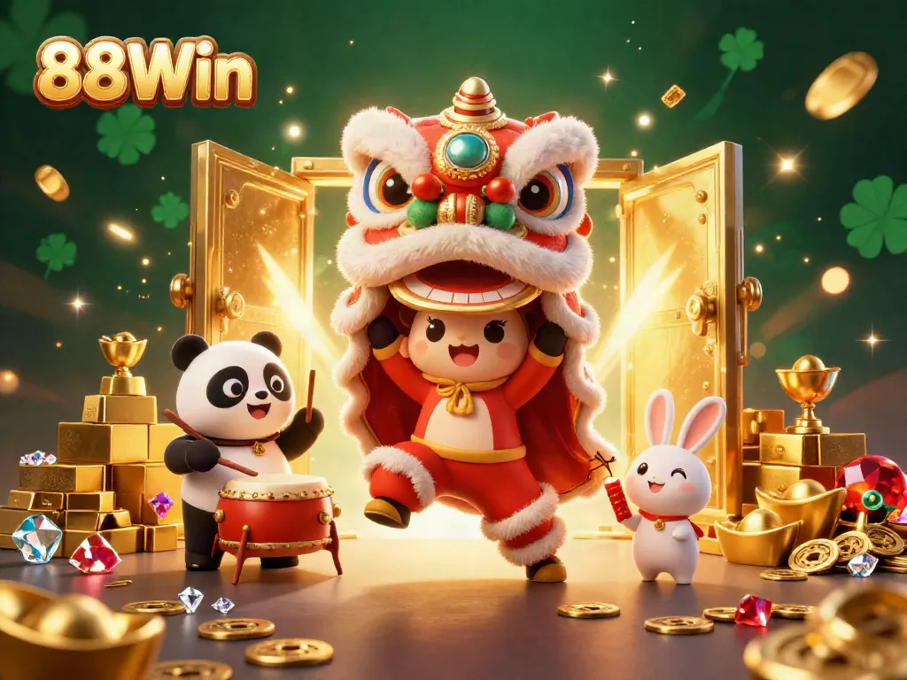 Experience the excitement of 88Win with a vibrant 3D illustration featuring lively characters and golden treasures.