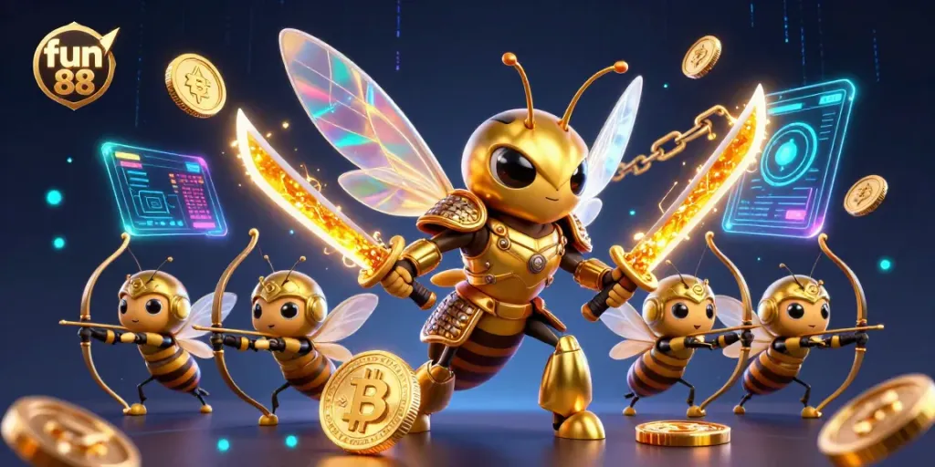 Experience fun 88 action with a golden hornet in samurai armor leading bee archers in a vibrant casino-themed adventure.