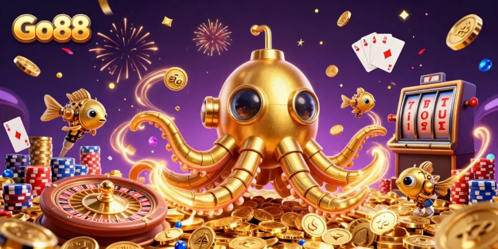 Experience Go88's thrilling gaming world with the golden kraken submarine, casino elements, and vibrant action.