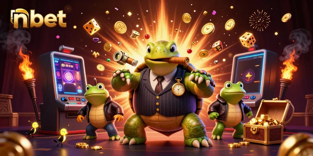 Engage with nbet's thrilling casino atmosphere, featuring a massive turtle in a mobster suit and dynamic slot elements.