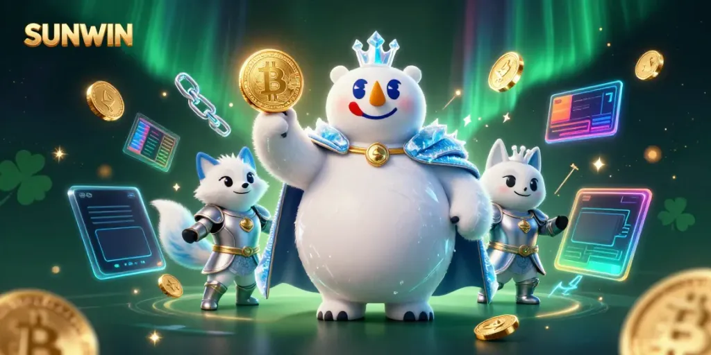 SUNWIN features a frozen royal polar bear and snow fox in a vibrant casino world.