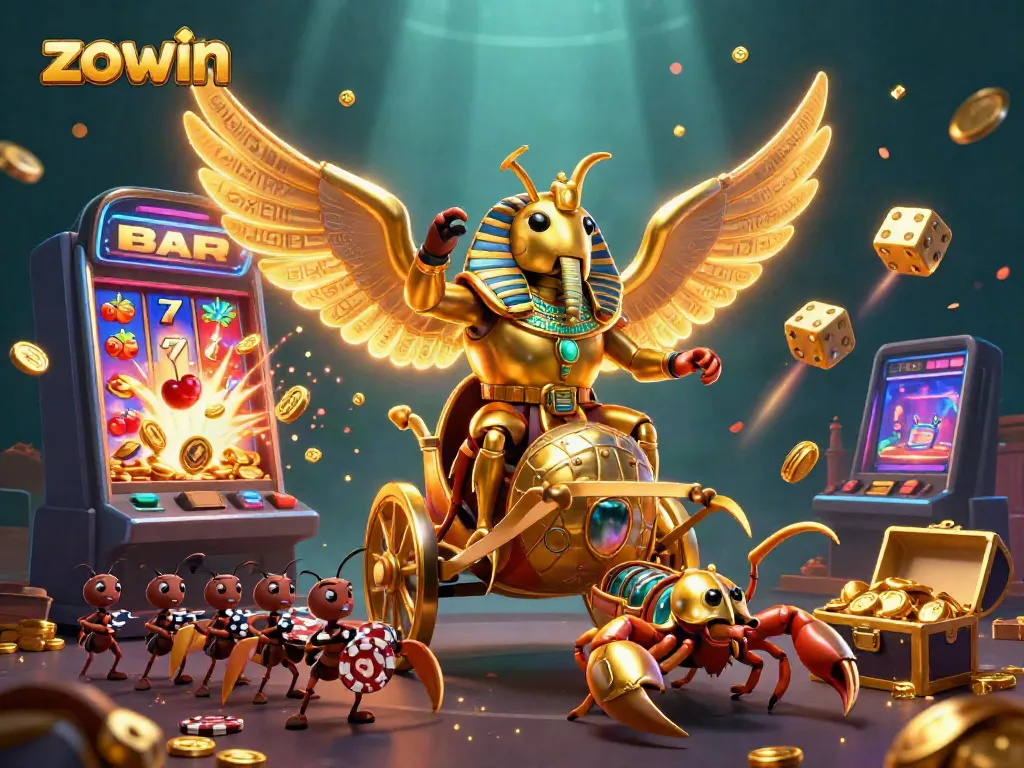 Experience the excitement of zowin with a vibrant casino-themed scene showcasing golden scarab characters and jackpot elements.