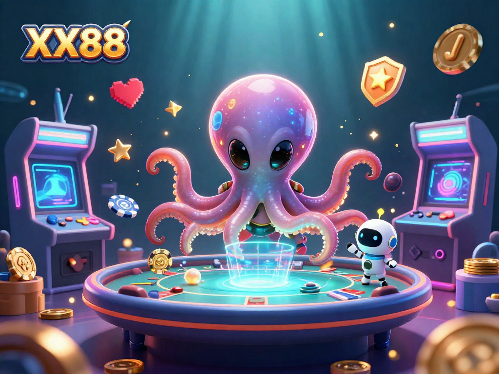 Play poker with the vibrant atmosphere of XX88, featuring an alien octopus and a robot.
