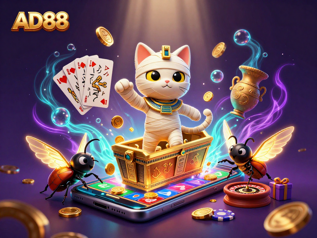 Experience the thrill of gaming at AD88 with this vibrant 3D illustration of a mummy cat in a casino.