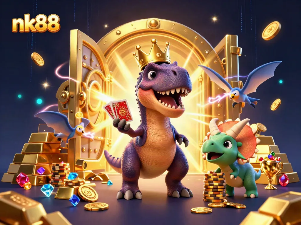 Engage with nk88 in a thrilling 3D casino scene featuring T-Rex, Pterodactyl, and Triceratops.