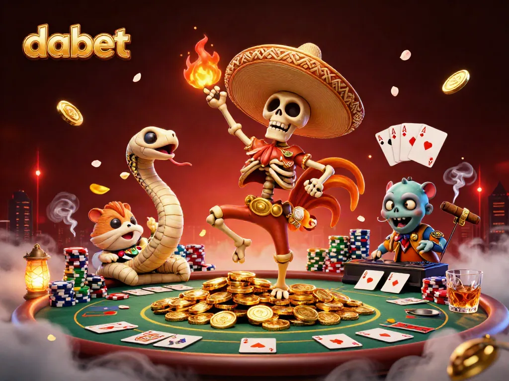 Experience the thrill of dabet's casino action with a mariachi mascot celebrating over poker games.