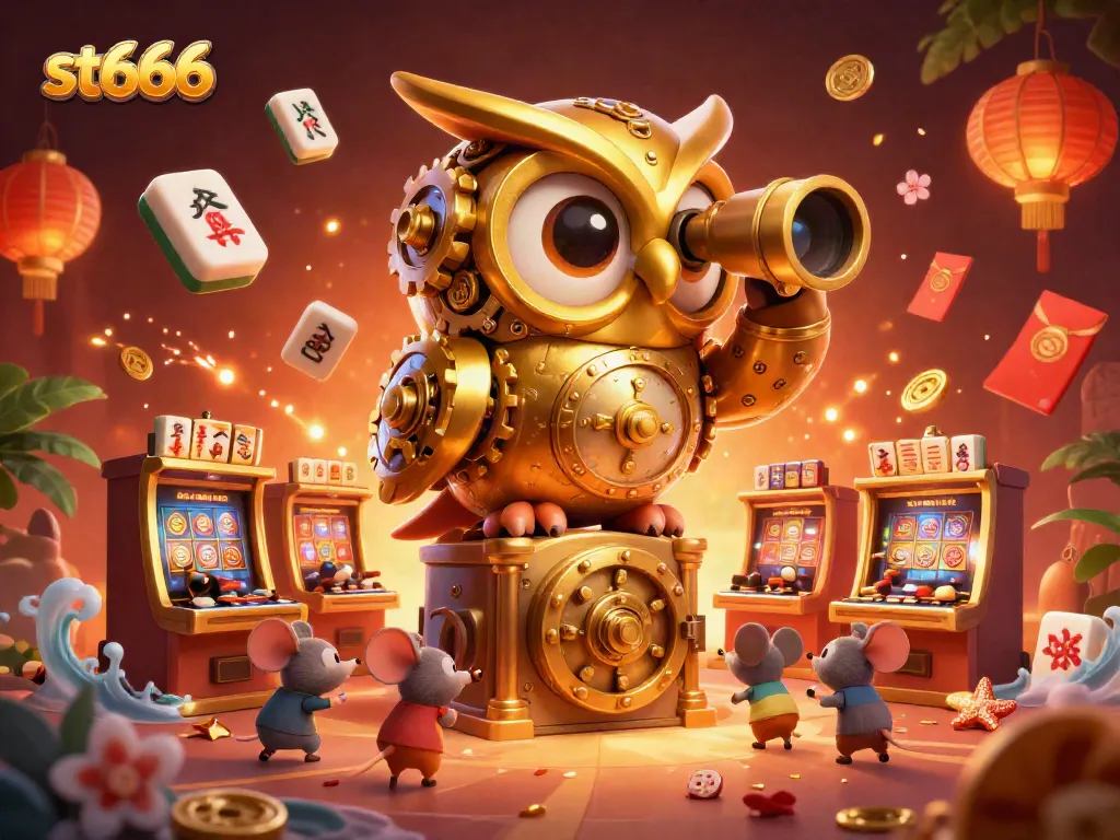 Experience thrilling gaming action at st666 with a 3D clockwork owl overseeing vibrant casino games.