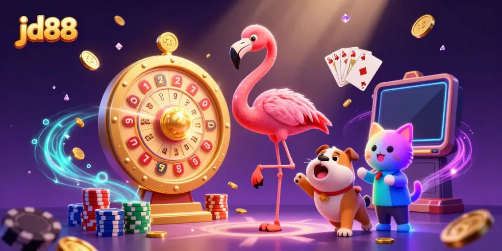 Spin the prize wheel and win at jd88 with lively characters and sparkling casino elements.