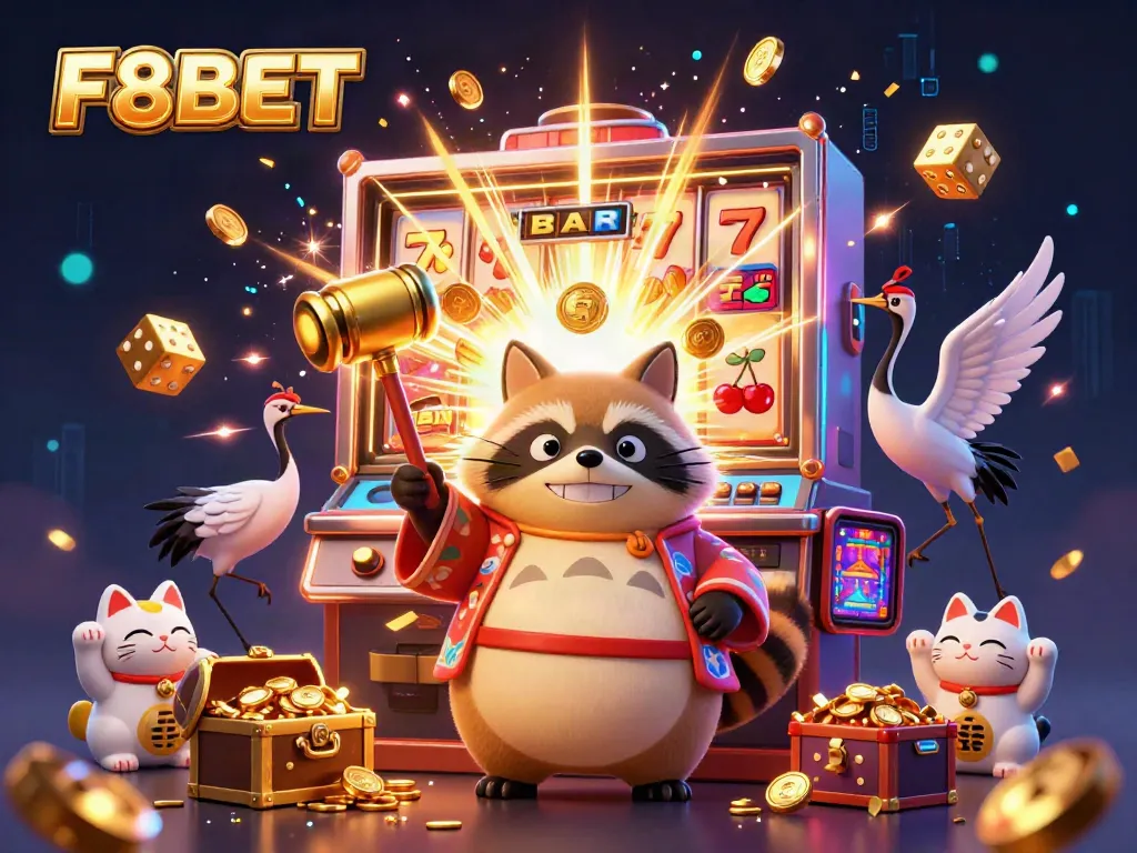 Experience thrilling gameplay at F8BET with a vibrant illustration of a joyful tanuki celebrating casino winnings.