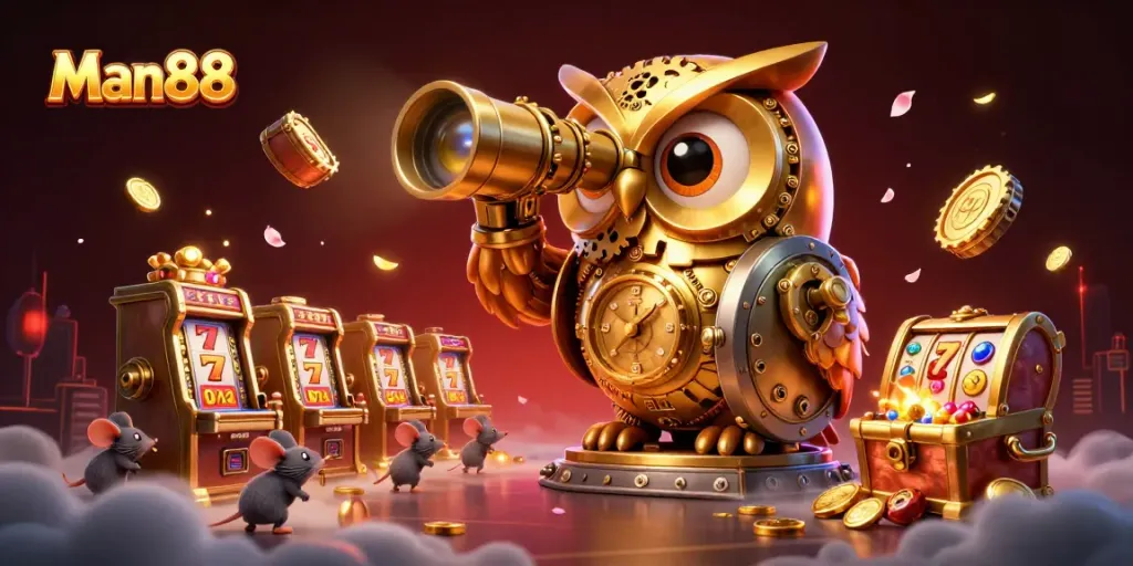 Experience thrilling gameplay with Man88 showcasing a vibrant 3D casino scene featuring an owl and whimsical characters.